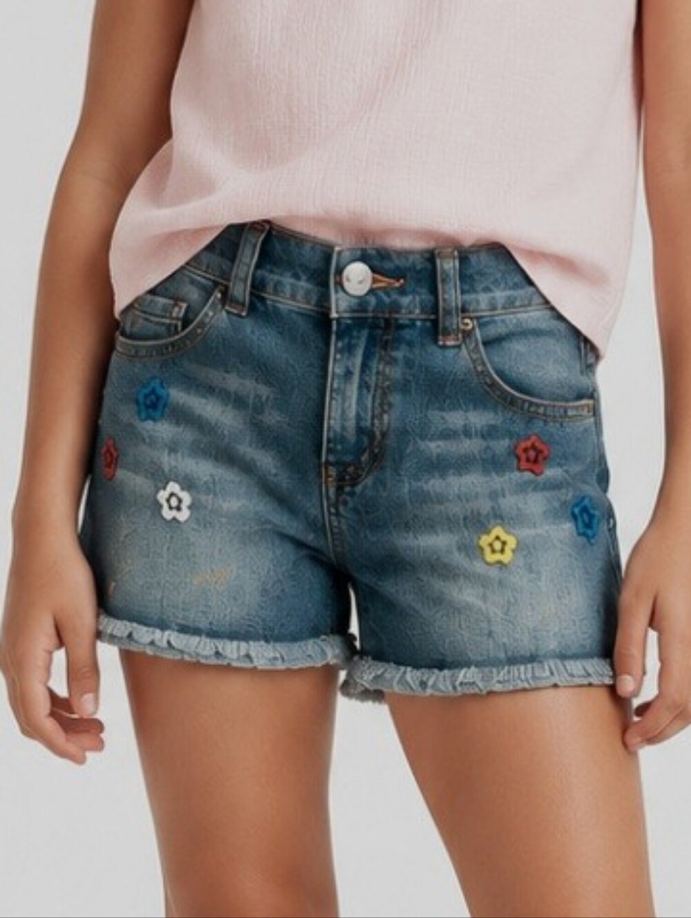 Supergirl by Nastia Blue Floral Embroidered Denim Shorts